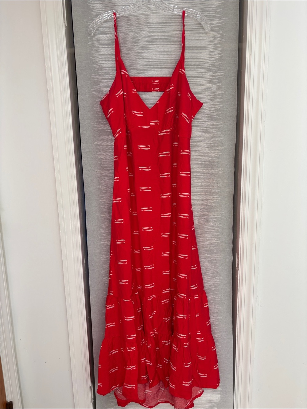 a new day Red Spaghetti-Strap Maxi Dress with Subtle White Fish Print